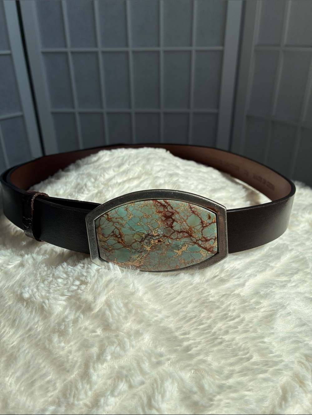 Coldwater Creek Western Style Leather Belt, Silver Hardware Turquoise Tone Stone